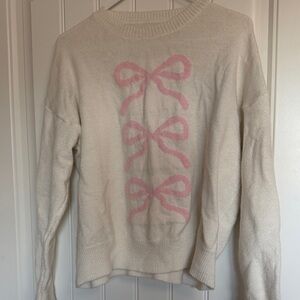 Cream Sweater with Pink Bow Motif - Women's Pullover